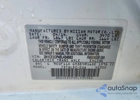 2014 Nissan Versa Note S from USA, damaged, VIN 3N1CE2CP4EL434583